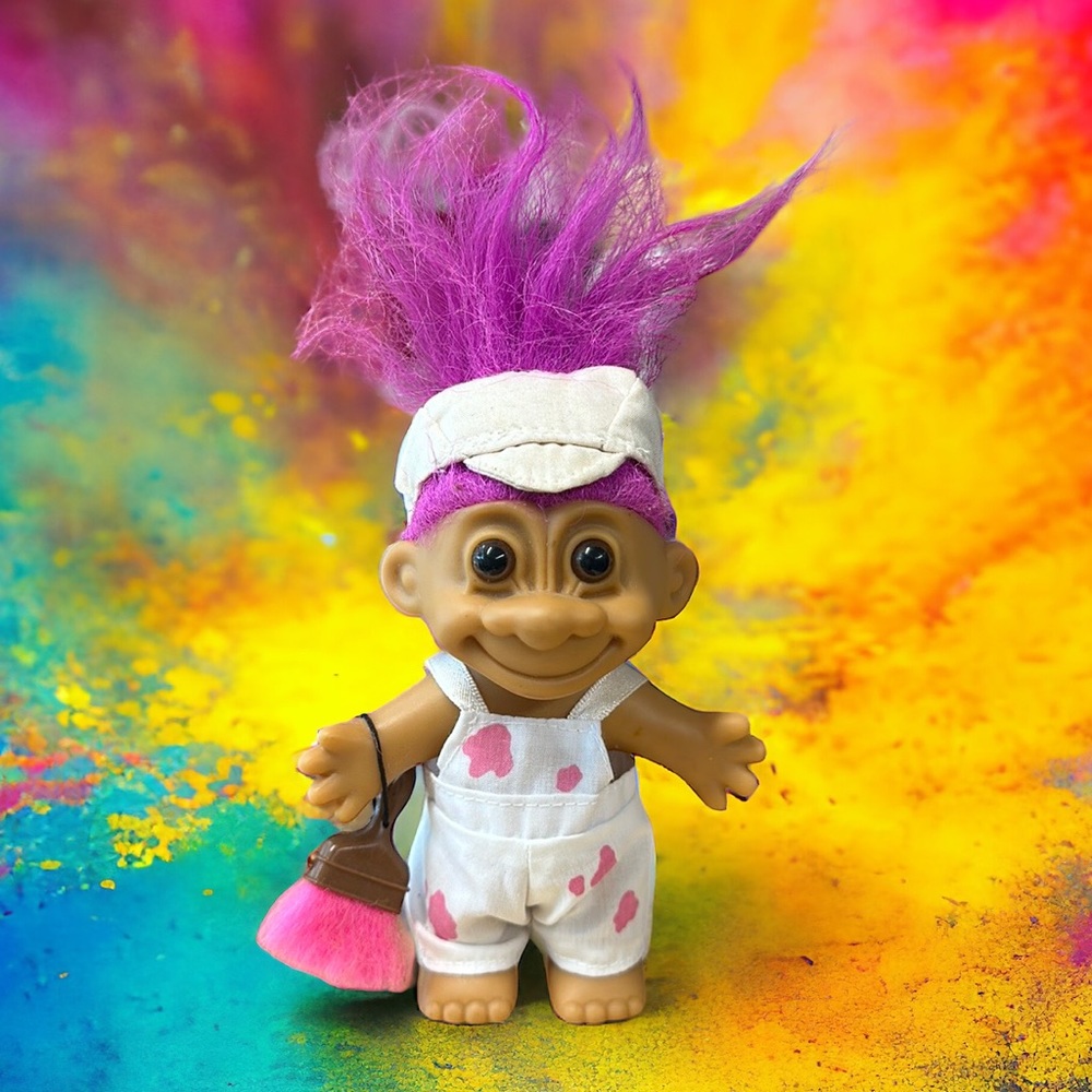 Vintage 90s Russ Berrie Painter Troll Doll Overalls Paint Splatter Pink Hair Hat